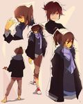  artist_request barefoot blush_stickers chara_(undertale) character_name closed_eyes commentary dark_skin food frisk_(undertale) from_behind fur_trim jacket looking_at_viewer older pasta plate ponytail red_eyes scarf shoes side_ponytail sneakers spaghetti spoilers undertale 