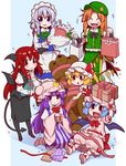  6+girls :d ^_^ ahoge apron bag bat_wings blonde_hair blue_background blue_eyes blue_hair blush_stickers bouquet bow bowtie box braid chinese_clothes closed_eyes demon_tail eichi_yuu fang flandre_scarlet flower gift gift_box gift_wrapping hat hat_ribbon head_wings high_heels hong_meiling izayoi_sakuya koakuma long_sleeves maid maid_headdress mob_cap multiple_girls necktie open_mouth orange_hair pantyhose paper_bag patchouli_knowledge pointy_ears puffy_short_sleeves puffy_sleeves purple_eyes purple_hair red_eyes red_hair red_neckwear remilia_scarlet ribbon short_sleeves side_ponytail silver_hair smile stuffed_animal stuffed_toy tail teddy_bear touhou twin_braids waist_apron wings 