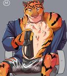  anthro black_fur brown_eyes brown_fur bulge chest_tuft clothed clothing disney feline fur looking_at_viewer male mammal may_(artist) muscular necktie open_shirt pecs pink_nose shirt shorts sitting smile solo stripes stripper_tiger_(zootopia) tiger tuft whiskers white_fur zootopia zootopia_shorts 
