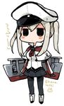  black_legwear blonde_hair blush_stickers capelet chibi full_body graf_zeppelin_(kantai_collection) hat kano_(coyotehunt) kantai_collection necktie pantyhose peaked_cap pleated_skirt sidelocks skirt solid_circle_eyes solo standing translation_request twintails white_background white_capelet 