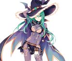  breasts cleavage date_a_live green_eyes green_hair hat highres long_hair looking_at_viewer medium_breasts natsumi_(date_a_live) navel one_eye_closed see-through smile solo transparent_background tsunako witch_hat 