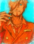  bandaid bandaid_on_nose blood blue cigarette facial_hair formal hair_over_one_eye holding holding_cigarette looking_at_viewer male_focus monochrome necktie one_piece orange_(color) sanji scratches serious smoking solo suit sven_from_oz textless watermark 