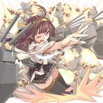  ahoge bare_shoulders black_footwear black_legwear boots breasts brown_hair cannon detached_sleeves double_bun explosion hairband headgear highres japanese_clothes kantai_collection kongou_(kantai_collection) large_breasts long_hair looking_at_viewer machinery nontraditional_miko one_eye_closed open_mouth pleated_skirt purple_eyes remodel_(kantai_collection) ribbon-trimmed_sleeves ribbon_trim skirt solo thigh_boots thighhighs uchiage_cola wide_sleeves zettai_ryouiki 