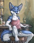  2016 alcohol animal_genitalia anthro balls bar barefoot beverage blue_eyes blue_fur bottomless breasts canine chastity chastity_cage clothed clothing colt_(coltthefurry) crossdressing female food fur group half-closed_eyes long_ears looking_at_viewer male mammal multicolored_fur public ruaidri sheath side_boob silhouette sitting skirt solo_focus tattoo two_tone_fur upskirt white_fur wolf 
