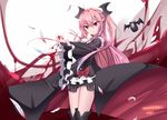  black_dress blood dated detached_sleeves dress fang fang_out feathers highres krul_tepes long_hair mirrorks owari_no_seraph pink_hair purple_hair signature solo two_side_up 