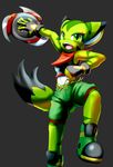  boots carol_tea clothing feline female footwear freedom_planet freedom_planet_2 fur goshaag green_eyes green_fur grey_background mammal midriff navel open_mouth scarf simple_background solo video_games weapon wildcat 