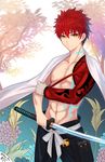  abs artist_name cape emiya_shirou fate/grand_order fate_(series) gloves haruato highres katana limited/zero_over looking_at_viewer male_focus red_hair single_glove solo sword twitter_username weapon yellow_eyes 