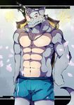  2016 abs anthro athletic biceps big_muscles camo clothed clothing fangs grey_skin hi_res horn jewelry looking_at_viewer male muscular muscular_male necklace nintendo pants pecs pok&eacute;mon rhydon scales scalie shorts solo standing teeth topless video_games viruleince 