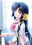  ^_^ black_hair closed_eyes dress_shirt hair_ribbon instrument kurugaya_yuiko little_busters! long_hair parted_lips piano plaid plaid_skirt ribbon school_uniform shirt skirt smile solo thighhighs zen 