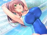  breasts brown_hair cleavage erect_nipples game_cg green_eyes inosaki_mako mochizuki_nozomu navel ponytail pool saimin_class_wonderful skintight swimsuit 
