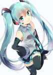  aqua_hair bad_id bad_pixiv_id detached_sleeves green_eyes hand_on_hip hatsune_miku headset long_hair looking_at_viewer necktie ponpoko skirt smile solo sparkle thighhighs twintails very_long_hair vocaloid white_background 