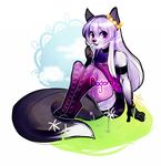  akukun bogoro boots canine clothed clothing crossdressing digital_media_(artwork) dipstick_tail flower footwear fox fur girly hair long_hair male mammal multicolored_tail outside plant purple_eyes sitting solo white_fur 