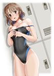  asymmetrical_bangs bangs breasts brown_eyes brown_hair cleavage collarbone competition_swimsuit highleg highleg_swimsuit highres large_breasts locker mashinatsu one-piece_swimsuit open_mouth original short_hair smile solo standing swimsuit swimsuit_pull thighs 