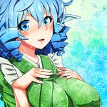  blue_eyes blue_hair breasts drill_hair frilled_kimono frills head_fins highres japanese_clothes kimono large_breasts open_mouth solo touhou umigarasu_(kitsune1963) wakasagihime 
