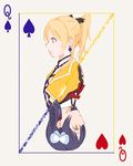  ayase_eli bad_id bad_pixiv_id blonde_hair blue_eyes blue_hair bow card card_(medium) earrings feathers hair_bow hair_feathers heart heart_earrings jewelry love_live! love_live!_school_idol_project multiple_girls necktie playing_card ponytail profile queen_(playing_card) queen_of_spades rotational_symmetry shin9tani sonoda_umi spade_(shape) spade_earrings striped striped_neckwear sunny_day_song yellow_eyes 