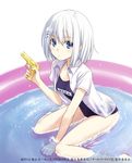  2014 blue_eyes date_a_live gun hair_ornament holding holding_gun holding_weapon konoe_(fogtracks) looking_at_viewer one-piece_swimsuit open_clothes open_shirt school_swimsuit shirt short_hair silver_hair solo swimsuit tobiichi_origami water water_gun weapon white_shirt 