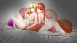  2girls ass blonde_hair blue_eyes breasts cleavage garter_belt nelson nipples ponytail red_hair rodney see_through shenhaiakagi signed stockings thighhighs yuri zhanjian_shaonu 