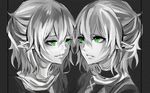  braid commentary dual_persona e.tag expressionless eye_contact french_braid green_eyes half-closed_eyes looking_at_another mizuhashi_parsee monochrome multiple_girls pointy_ears short_hair smirk spot_color touhou upper_body 