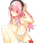  bikini blush breasts cleavage detached_collar headphones large_breasts long_hair looking_at_viewer mey88 nitroplus pink_eyes pink_hair simple_background sketch smile solo strap_gap super_sonico swimsuit white_background white_bikini 