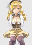  :&gt; beret black_gloves blonde_hair blush breasts brown_hat brown_legwear buckle cleavage closed_mouth corset drill_hair fingerless_gloves gloves hands_on_own_chest hat hat_feather highres juliet_sleeves kerchief large_breasts long_sleeves mahou_shoujo_madoka_magica puffy_long_sleeves puffy_sleeves ribbon rin2008 sitting skirt smile solo striped striped_legwear thighhighs tomoe_mami twin_drills twintails underbust undone_tie vertical-striped_legwear vertical_stripes white_feathers yellow_eyes yellow_ribbon yellow_skirt zettai_ryouiki 