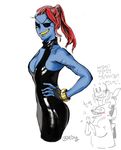  2016 9dog anthro blue_skin breasts cleavage clothed clothing eye_patch eyewear fangs female fish grin hair hand_on_hip hi_res long_hair marine ponytail red_hair rubber scar simple_background standing text tight_clothing translation_request undertale undyne video_games 