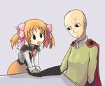  1girl apricot_sakuraba bald black_eyes cape drawfag galaxy_angel_rune gloves lowres monochrome one-punch_man saitama_(one-punch_man) short_hair source_request 