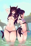  2girls animal_ears au_ra bikini blush breasts cameltoe cat_ears cat_tail cleavage curvy erect_nipples female final_fantasy final_fantasy_xiv horns iri-neko large_breasts miqo&#039;te miqo'te monochrome multiple_girls nature navel open_mouth outdoors partially_submerged purple_eyes purple_hair red_eyes sky smile standing swimsuit tail thick_thighs water wide_hips 