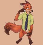  anthro balls bedroom_eyes bottomless canine circumcised clothed clothing digitigrade disney dripping erection fluffy_tail fox front_view half-closed_eyes holding_balls humanoid_penis lawyerdog looking_at_viewer lube male mammal necktie nick_wilde open_mouth penis seductive shirt solo zootopia 