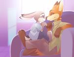  2016 anthro black_nose blue_eyes canine claws clothed clothing disney duo eye_contact female fox fur green_eyes grey_fur happy hindpaw judy_hopps lagomorph living_room long_ears male mammal necktie nick_wilde on_lap orange_fur paws pink_nose rabbit romantic_couple rudragon short_tail sitting smile sofa zootopia 