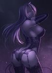  arched_back arm_up ass bare_shoulders breasts commentary contrapposto cowboy_shot from_behind garter_straps glowing glowing_eyes hetza_(hellshock) large_breasts leotard long_hair looking_at_viewer looking_back original pink_eyes purple purple_hair red_eyes revealing_clothes sideboob solo standing thighhighs zipper 