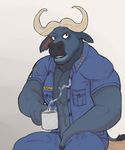  abs anthro beverage biceps bovine buffalo chief_bogo clothed clothing coffee disney food fur hair horn male mammal muscular pants pecs police police_uniform reindeeroo solo steam tagme uniform zootopia 