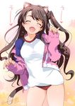  :d animal_ears brown_hair buruma cat_ears cat_tail closed_eyes gym_uniform highres idolmaster idolmaster_cinderella_girls inoue_sora jacket long_hair name_tag one_side_up open_clothes open_jacket open_mouth shimamura_uzuki signature smile solo tail track_jacket twitter_username underwear 