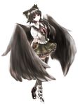  arm_cannon black_eyes black_hair black_legwear black_wings full_body fuonon hair_ribbon highres long_hair miniskirt puffy_sleeves reiuji_utsuho ribbon shirt short_sleeves simple_background skirt solo thighhighs third_eye touhou weapon white_background wings zettai_ryouiki 