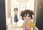  akagi_miria apron brown_eyes brown_hair doorway hair_ornament hairclip idolmaster idolmaster_cinderella_girls ladle multiple_girls open_mouth pov sasaki_chie shirt short_hair short_twintails sketch slippers smile twintails two_side_up zakki_(1039) 