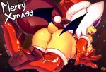  2018 abstract_background anthro anus armwear bat big_breasts big_butt black_nose boots breasts butt christmas clothed clothing elbow_gloves english_text eyeshadow female footwear fur gloves hat high_heels holidays krokobyaka lipstick looking_back makeup mammal membranous_wings pussy rear_view rouge_the_bat sack santa_hat shoes side_boob signature smile solo sonic_(series) text thick_thighs thigh_boots video_games white_fur wings 