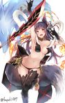  :d animal_ears arm_up armpits ass_visible_through_thighs bare_shoulders barefoot bell blush breasts choker elbow_gloves erune fangs fire fox_ears fox_shadow_puppet fox_tail gloves granblue_fantasy hair_bell hair_ornament highres jewelry leaning_forward leg_up long_hair medium_breasts nanahara_fuyuki navel open_mouth purple_hair red_eyes smile solo sword tail thigh_gap thighhighs weapon yuel_(granblue_fantasy) 