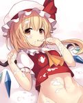  ascot blonde_hair bottomless chocolate commentary finger_to_mouth flandre_scarlet food food_on_clothes food_on_face food_on_finger groin hat hat_ribbon highres janne_cherry looking_at_viewer midriff mob_cap navel out-of-frame_censoring puffy_short_sleeves puffy_sleeves revision ribbon shirt short_sleeves side_ponytail solo suggestive_fluid toned touhou vest white_chocolate white_day wings 