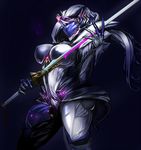  arched_back armor breasts contrapposto covered_nipples helmet large_breasts pauldrons puropera_(puropera) saryn_(warframe) saryn_prime_(warframe) simple_background skin_tight standing sword warframe weapon 