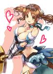  :d bad_id bad_pixiv_id bare_shoulders breasts brown_eyes brown_hair crop_top gauntlets granblue_fantasy highres idolmaster idolmaster_cinderella_girls jewelry large_breasts looking_at_viewer midriff navel open_mouth paopao pendant shiny shiny_skin smile solo sword tiara totoki_airi twintails weapon 