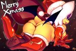  2018 abstract_background anthro armwear bat big_breasts big_butt black_nose boots breasts butt christmas clothed clothing elbow_gloves english_text eyeshadow female footwear fur gloves hat high_heels holidays krokobyaka lipstick looking_back makeup mammal membranous_wings rear_view rouge_the_bat sack santa_hat shoes side_boob signature smile solo sonic_(series) text thick_thighs thigh_boots thong video_games white_fur wings 