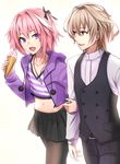  astolfo_(fate) bad_id bad_pixiv_id black_legwear blonde_hair crop_top cropped_jacket fang fate/apocrypha fate_(series) food ice_cream jewelry locked_arms long_sleeves male_focus midriff multiple_boys navel necklace open_mouth otoko_no_ko pants pantyhose pendant pink_hair pleated_skirt purple_eyes red_eyes shijiu_(adamhutt) shirt sieg_(fate/apocrypha) skirt smile soft_serve type-moon vest 