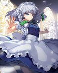  apron arch bad_id bad_pixiv_id bangs black_ribbon blue_dress blue_eyes blurry bow braid carchet closed_mouth cowboy_shot depth_of_field dress dress_lift green_bow hair_bow indoors izayoi_sakuya maid_headdress neck_ribbon outstretched_arms plant puffy_sleeves ribbon shards short_sleeves silver_hair smile solo spread_fingers touhou twin_braids waist_apron white_apron window 