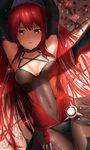  2016 arms_up ass_visible_through_thighs bangs black_gloves black_panties blush bodysuit breasts bu_li character_name choker covered_navel cowboy_shot crack crimson_avenger_(elsword) dated elesis_(elsword) elsword flower gloves long_hair looking_at_viewer lying medium_breasts on_back panties parted_lips petals pink_flower planted_sword planted_weapon red_flower red_hair red_rose rose shade solo sword thigh_gap typo unbuckled_belt underwear very_long_hair weapon 