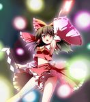  armpits ascot bow brown_hair danmaku detached_sleeves dezuko_(dezuko_no_heya) frills gohei hair_bow hair_tubes hakurei_reimu haraegushi highres oonusa open_mouth red_bow red_eyes solo spell_card touhou 