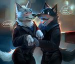  &lt;3 belt black_fur black_wolf_(zootopia) blue_eyes blush brown_eyes canine cheetahpaws clothed clothing dialogue disney duo english_text eye_contact flirting fur harry_(zootopia) jacket male male/male mammal open_mouth pants shirt speech_bubble teeth text tongue uniform white_fur wolf zootopia 