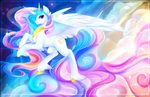  2016 absurd_res crown cutie_mark equine feathered_wings feathers female feral friendship_is_magic fur hair hi_res horn jewelry koveliana long_hair mammal multicolored_hair my_little_pony necklace princess_celestia_(mlp) smile solo spread_wings white_fur winged_unicorn wings 