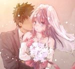  1girl bouquet bridal_gauntlets bridal_veil burn_scar cheek_kiss dorei_to_no_seikatsu_~teaching_feeling~ dress flower hetero hug hug_from_behind kiss purple_eyes purple_hair scar suit_jacket sutegoma sylvie_(dorei_to_no_seikatsu) tears veil wedding wedding_dress white_flower 