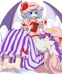  ahoge bat_wings blue_hair blush bow crescent crescent_hair_ornament cushion dress eating eichi_yuu food hair_ornament hat hat_ribbon holding long_hair lying_on_lap mob_cap multiple_girls on_bed patchouli_knowledge pillow pocky pointy_ears puffy_short_sleeves puffy_sleeves purple_eyes purple_hair red_bow red_eyes red_ribbon remilia_scarlet ribbon short_sleeves simple_background smile striped striped_dress touhou white_background wide_sleeves wings 