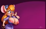  2016 angry anthro big_breasts blonde_hair blue_eyes breasts buckteeth chip_&#039;n_dale_rescue_rangers clothing collaboration disney erect_nipples eyelashes eyewear female gadget_hackwrench goggles hair hi_res joelasko long_hair mammal mouse nipple_slip nipples open_mouth rodent simple_background solo teeth wallpaper wardrobe_malfunction white-devil 