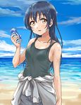  bangs beach blue_hair blush brown_eyes can clothes_around_waist holding holding_can long_hair looking_at_viewer love_live! love_live!_school_idol_project ocean open_mouth shirt_around_waist solo sonoda_umi sweat tank_top tetopetesone wet yellow_eyes 